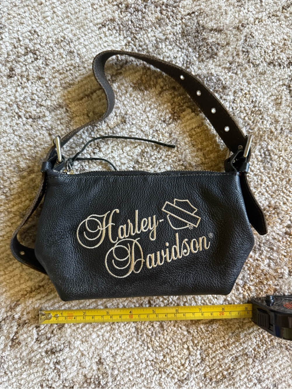 Harley-Davidson Black Leather Mini Shoulder Bag with Cream Embroidery